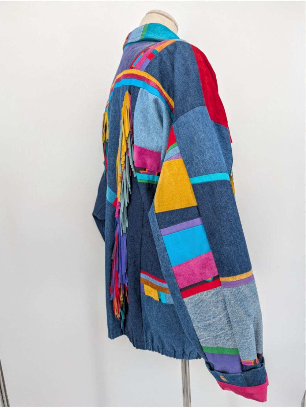 Vtg 90s Santa Fe Re-Creations L Mixed-Media Denim Suede Fringe Patchwork Jacket - Picture 10 of 16